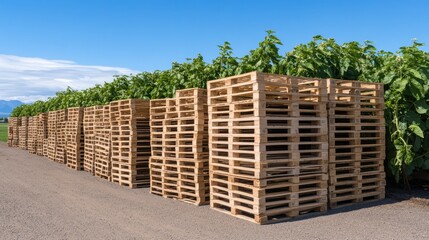 Wall Mural - Wooden crates sit near a vibrant green field, surrounded by trees and under a blue sky with fluffy clouds, evoking tranquility