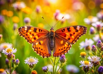 Wall Mural - Springtime Beauty: Orange and Brown Butterfly on Wildflowers