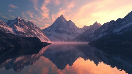 Wall Mural - Majestic mountain peaks towering over clear alpine lakes at sunrise