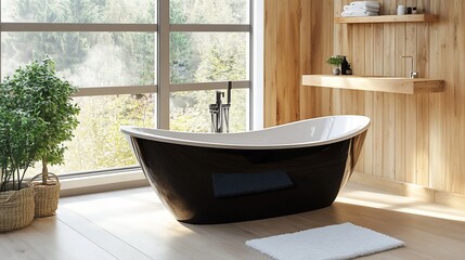 Poster - Modern black bathtub in a wooden bathroom with large window and plants.