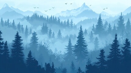 Wall Mural - Misty coniferous forest with treetops shrouded in fog