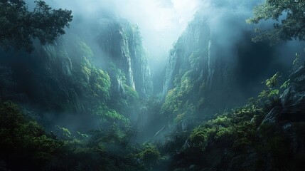 Wall Mural - Misty mountain landscape with dense forest and atmospheric lighting