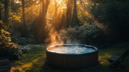 Wall Mural - Hot tub steaming in a sunlit forest garden.