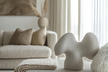 Wall Mural - A white sculpture sits on top of a table next to a comfortable-looking couch