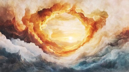 Sticker - A breathtaking view of a celestial landscape, warm sunset hues paint the cloudscape, creating a mystical and ethereal scene.