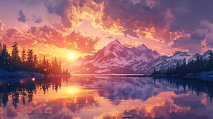 Wall Mural - Mountain lake at sunset with sun rays reflecting off the water