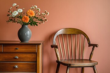 Wall Mural - A simple, rustic setting with a wooden chair and matching dresser