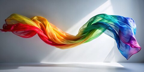 Wall Mural - Rainbow fabric flowing in a graceful arc against a neutral backdrop