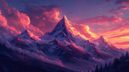 Wall Mural - Mountain peaks glowing at sunset with dramatic clouds on the horizon