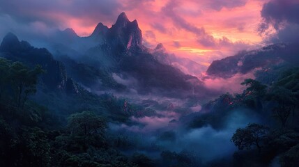 Wall Mural - Mystical mountain view enveloped in vibrant fog at twilight