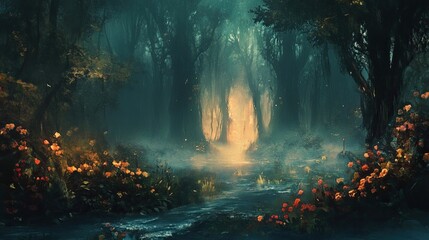 Wall Mural - Mystical scene of a misty forest with a vintage aesthetic.