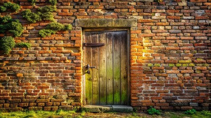 Aufkleber - Rustic Wooden Door Set in an Aged Brick Wall with Verdant Overgrowth