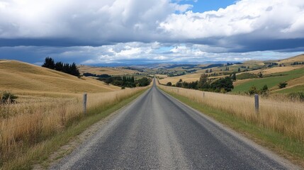 Wall Mural - Open road stretching into the horizon surrounded by rolling hills and vast skies