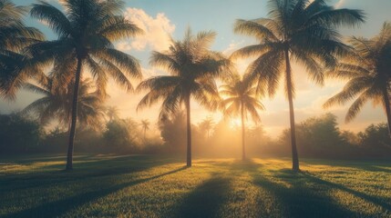 Wall Mural - Palm trees in a field glowing under the soft morning light