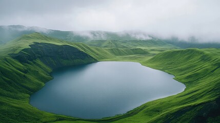 Wall Mural - Panoramic view of a large lake surrounded by lush green hills