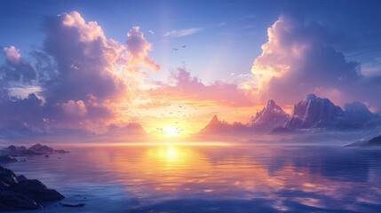 Wall Mural - Panoramic view of a serene sunrise over an island coastline.