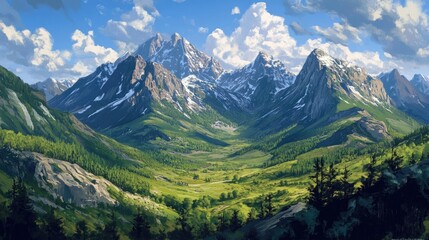 Wall Mural - Panoramic view of rugged mountain ranges and rolling hills