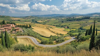 Wall Mural - Panoramic view of scenic countryside with open fields and winding roads