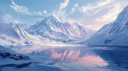 Wall Mural - Panoramic winter mountain view with a frozen lake reflecting soft light