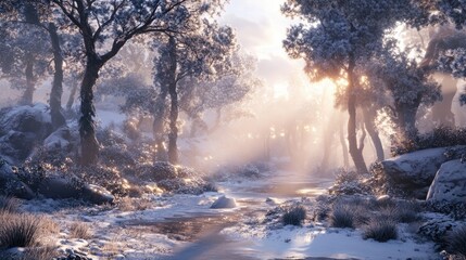 Wall Mural - Peaceful forest covered in ice, snow, and mist with glowing sunlight