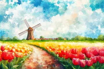 Poster - Colorful watercolor tulip fields with a windmill surrounded by vibrant spring colors and blank space for custom text. Generative AI
