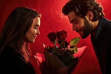 Wall Mural - A man holding a bouquet of roses, presenting them to a woman