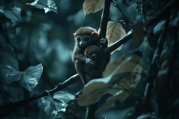 Poster - A mother monkey cradles her baby in a lush, dark forest.