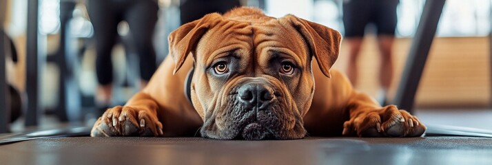 Wall Mural - Tired dog lying on treadmill in gym.