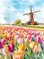 Poster - Vibrant tulip fields with a windmill create a picturesque spring landscape in a colorful watercolor illustration. Generative AI