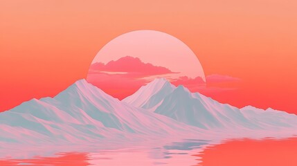 Canvas Print - Surreal sunset over serene mountains reflected in calm water. Dreamy pastel pink and orange hues.