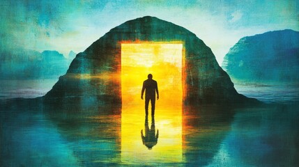 Wall Mural - a man walks toward a bright doorway nestled within a dark, cave-like formation, surrounded by a sere