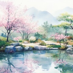 Poster - Beautiful cherry blossoms by tranquil pond surrounded by mountains and greenery in springtime morning light. Generative AI