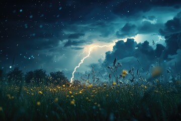 Wall Mural - a bright lightning bolt illuminates a green field