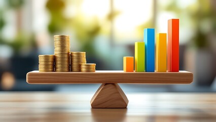 Wall Mural - seesaw with coin piles and analytics data: financial balance in business