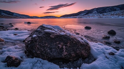 Sticker - A large rock sits atop a snowy beach, providing a unique vantage point for taking in the surrounding landscape