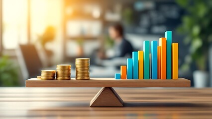 Wall Mural - seesaw with coin piles and analytics data: financial balance in business