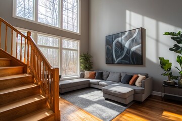 Poster - Sunlit living room with L-shaped sofa, hardwood floors, wooden stairs, and large windows.