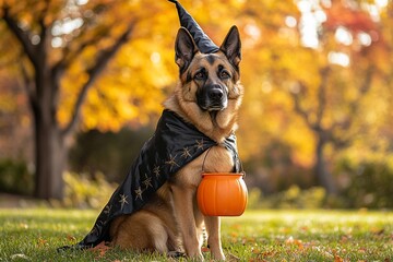 Poster - German Shepherd dog in witch costume sits outdoors holding a pumpkin pail during autumn.