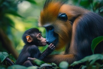 Poster - A mandrill mother tenderly cradles her baby, their noses touching in a loving embrace amidst lush green foliage.