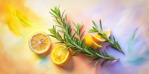 Wall Mural - Summer Rosemary & Lemon: Pastel Aerial Photography - Fresh Herbs & Citrus