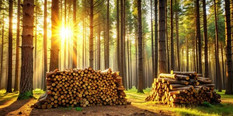 Aufkleber - Golden Hour in the Woods Stacks of Cut Logs at Sunrise