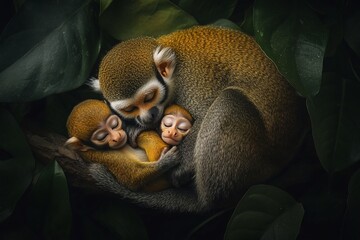 Poster - A mother squirrel monkey tenderly cradles her two sleeping infants amidst lush green foliage.