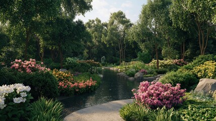 Poster - Serene Garden Landscape with Colorful Flowers and Calm Waterway