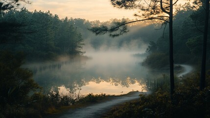 Wall Mural - Misty sunrise over serene lake with path.