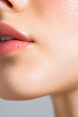 Wall Mural - Close up photo with beautiful female face with plump lips. Close-up face detail.