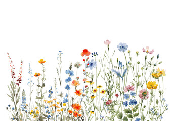 watercolor row of field flowers. watercolor field flowers and other growths on a visible aphid. wate