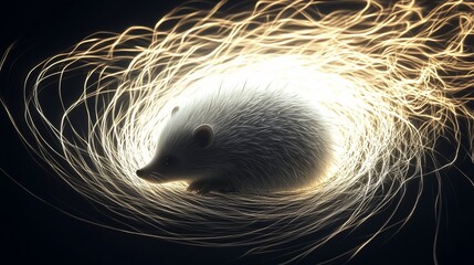 Wall Mural - a white hedgehog nestled in a glowing, swirling light pattern, dark background.