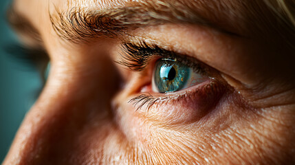 Wall Mural - Closeup facial of woman's eyes with wrinkles, crow's feet at the corners of eyes. Cosmetic skincare treatment