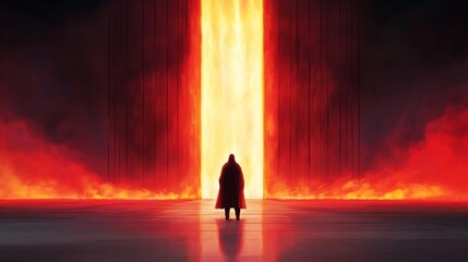 Wall Mural - a lone figure stands before a fiery gateway, a dramatic scene of intense light and shadow.