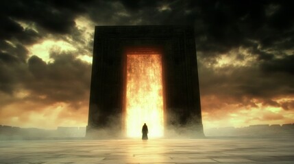 Wall Mural - a hooded figure stands before a fiery portal, set against a dramatic sunset. mystical and atmospheri
